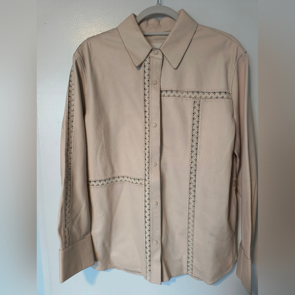 Massimo Dutti Cream Women's Leather Shirt with Crochet Detailing Sz M